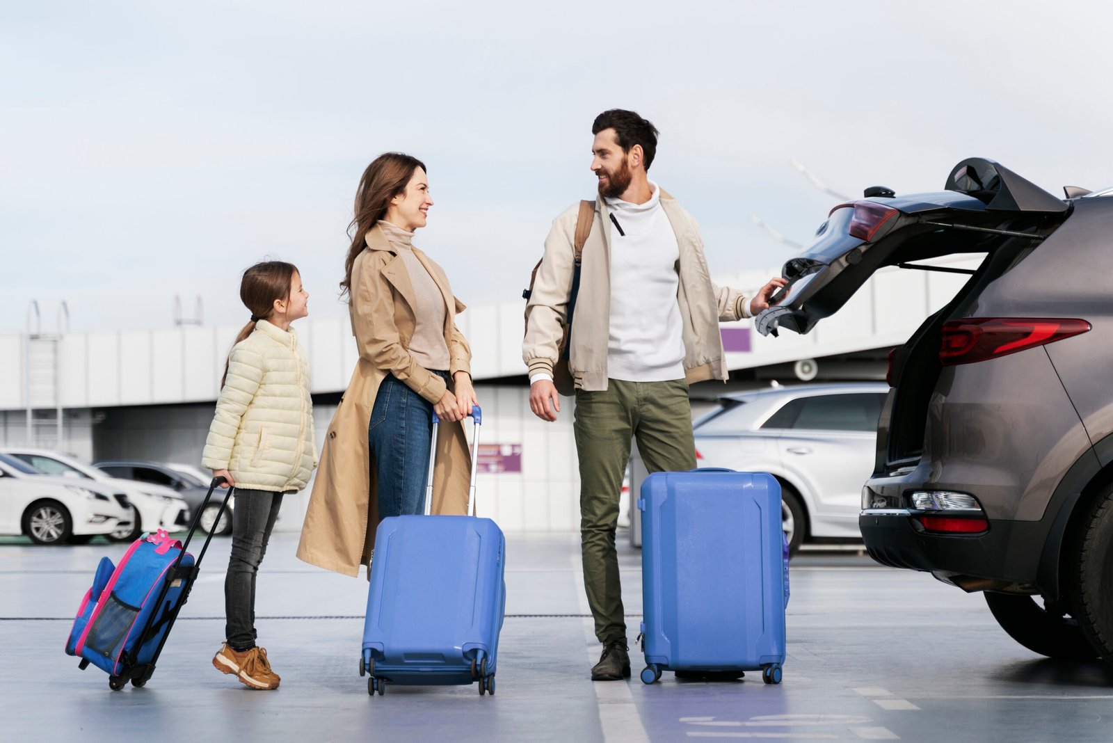 full shot adults traveling with kid